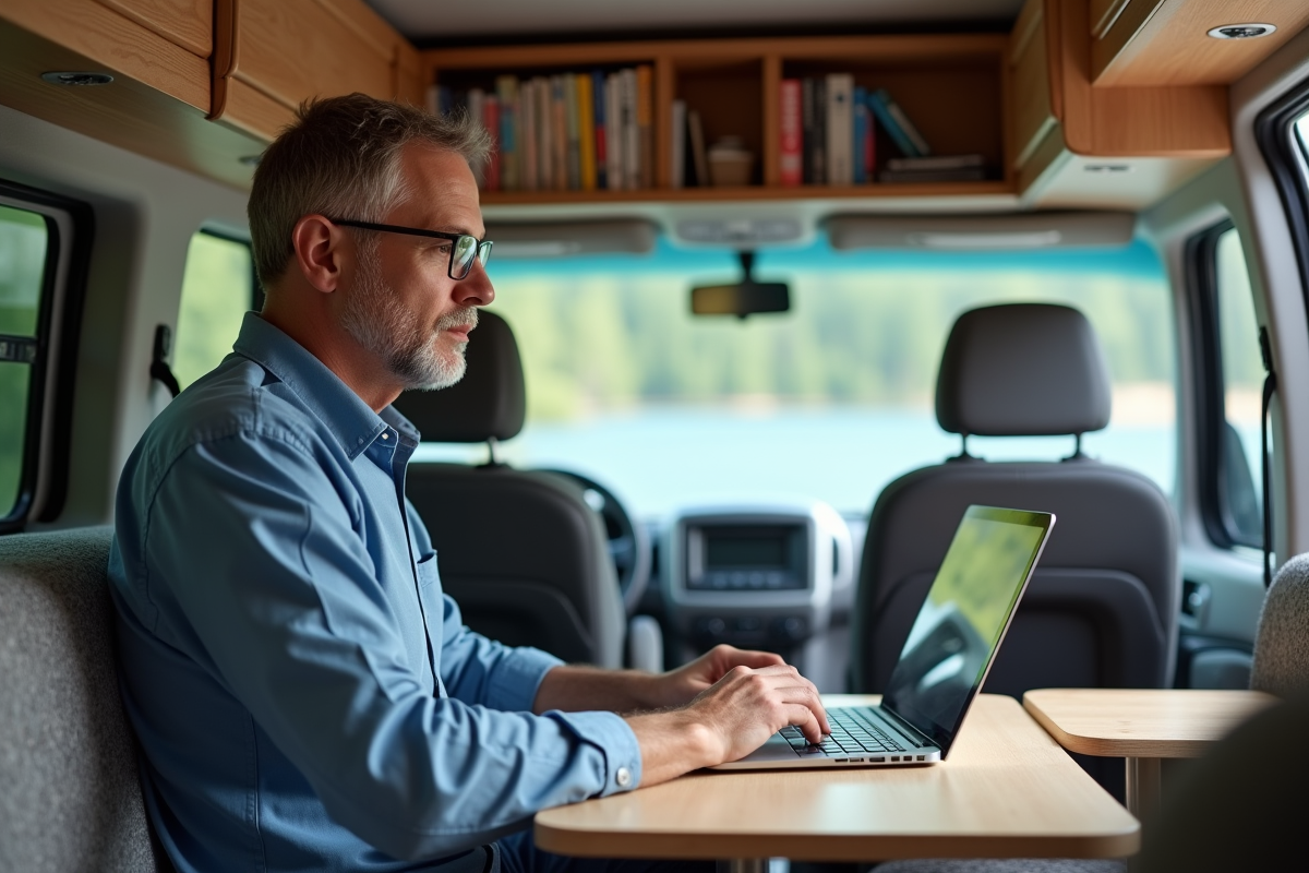 Homme dans le van avec ordinateur et vue sur lac
