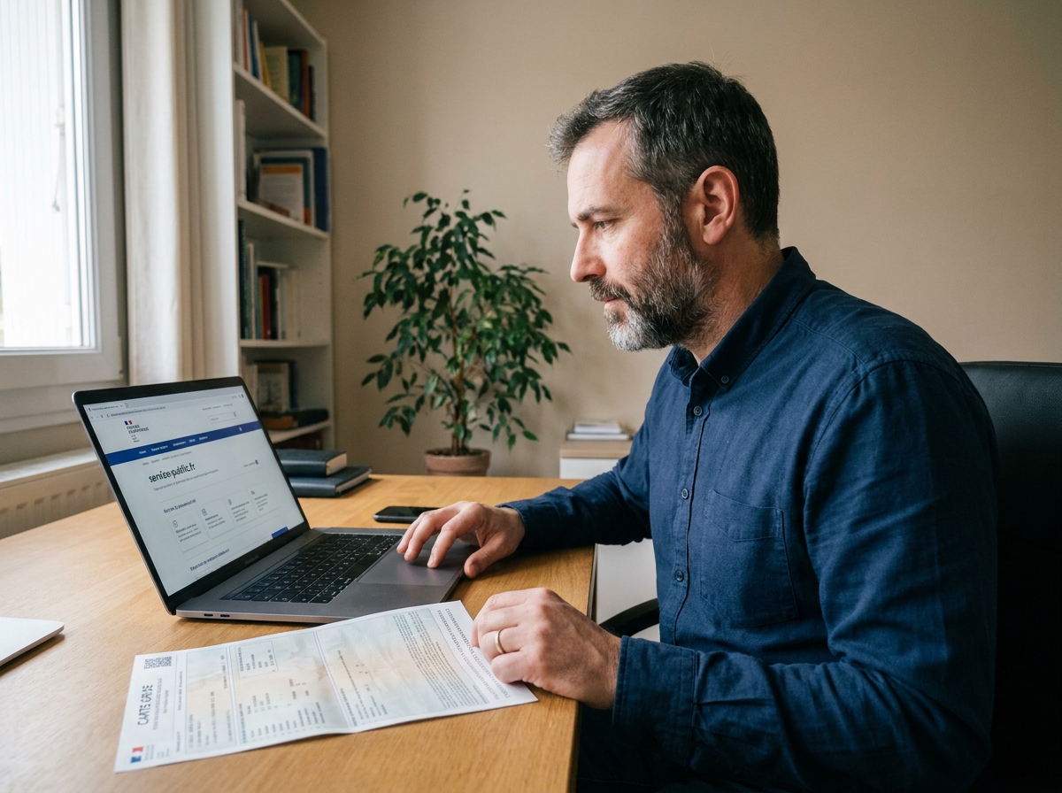 Homme effectuant le changement d'adresse de sa carte grise en ligne sur un ordinateur portable