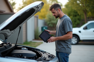 Homme en extérieur changeant un filtre à air de voiture