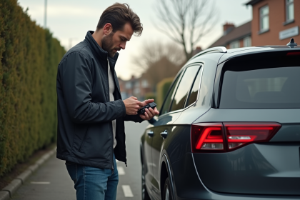 Homme examinant une clé de voiture dans un cadre extérieur résidentiel