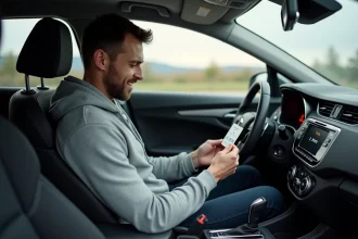 Homme consultant un code autoradio écrit sur une carte dans l'habitacle d'une voiture moderne