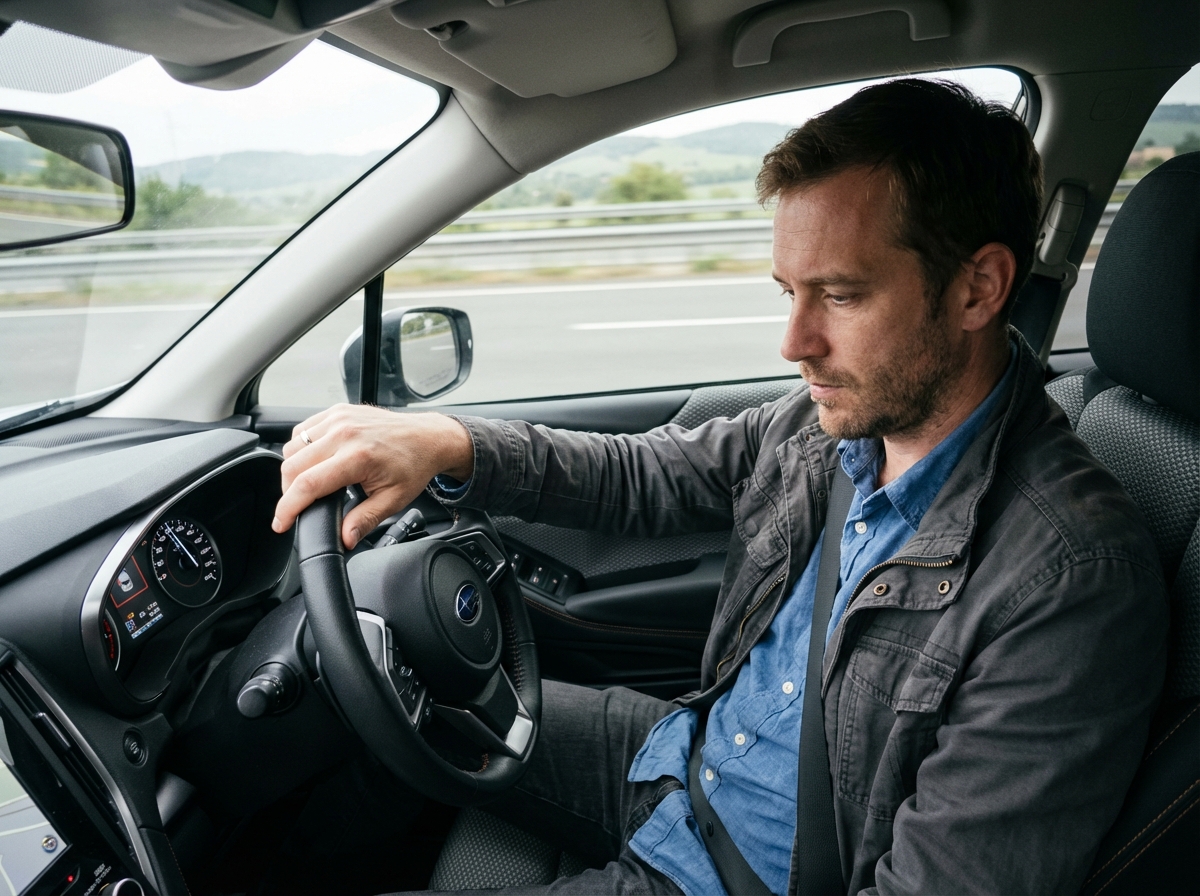 Homme en voiture sur l'autoroute vérifiant le tachometre