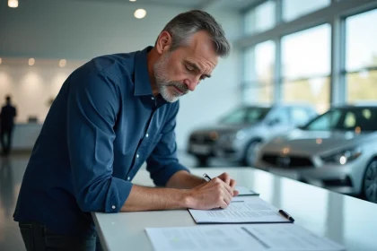 Un homme en chemise bleue examine un contrat de vente d'un véhicule neuf dans une concession automobile moderne