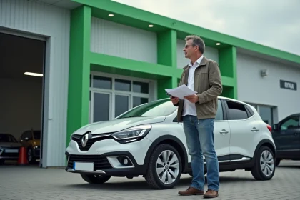 Homme d'âge moyen avec voiture devant centre de contrôle