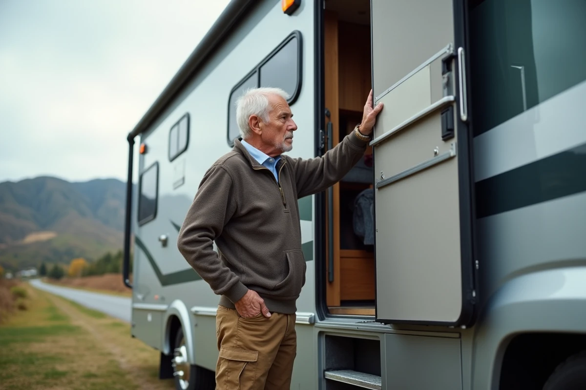 Homme &acirc;g&eacute; inspectant le coffre d&rsquo;un grand camping-car en ext&eacute;rieur