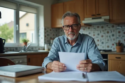 Homme inquiet regardant un document à la maison