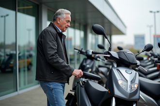 Homme inspectant des motos 125cc en concession