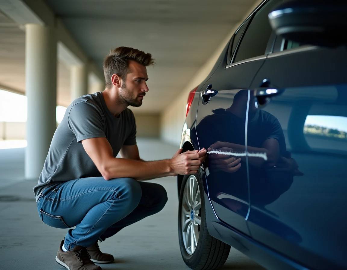 Homme inspectant une rayure profonde sur aile de voiture bleue dans un parking