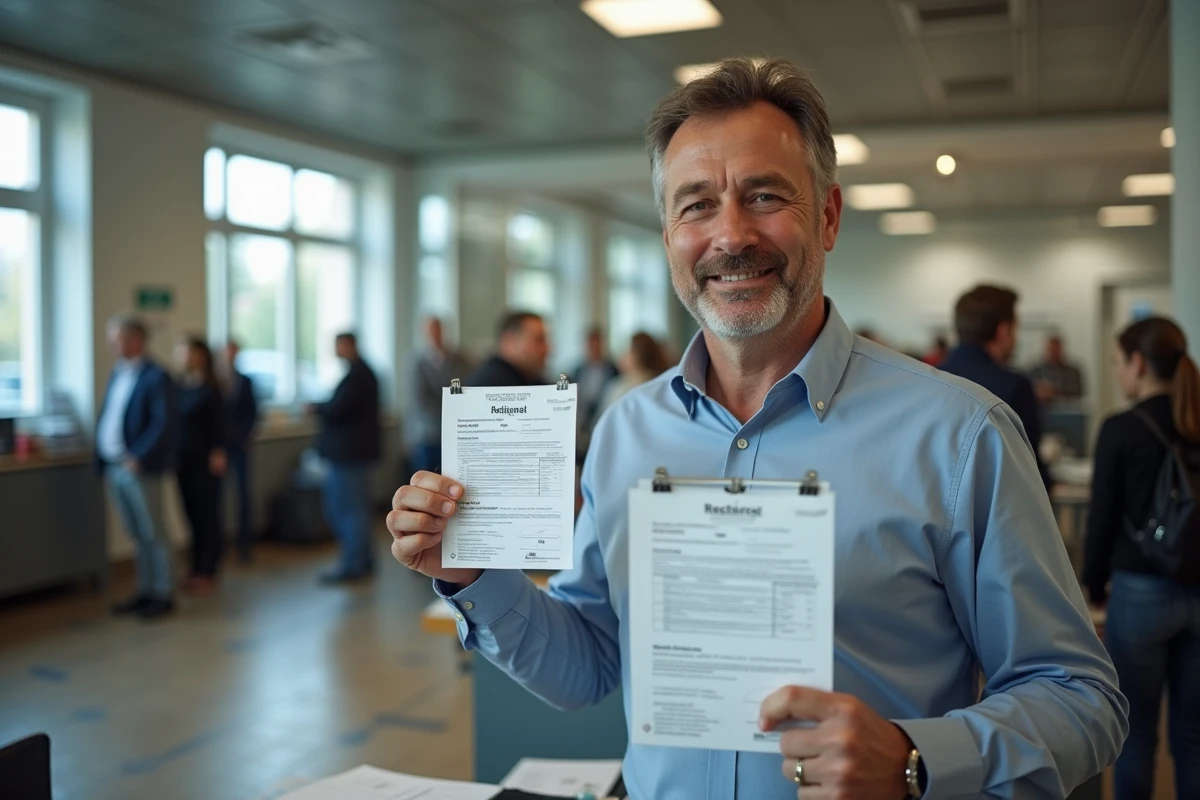 Homme vérifie son permis de conduire français dans un bureau public