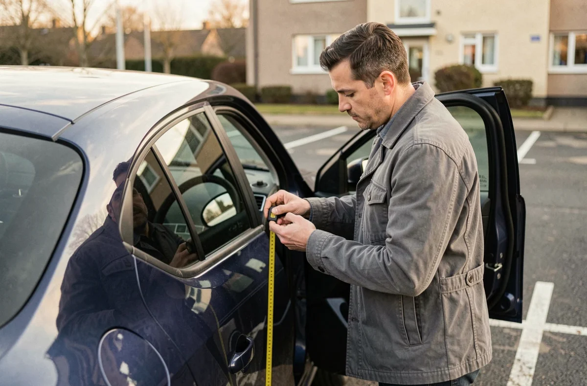 Homme mesurant l'ouverture de la portière d'une Renault Megane bleue pour vérifier les dimensions avant achat