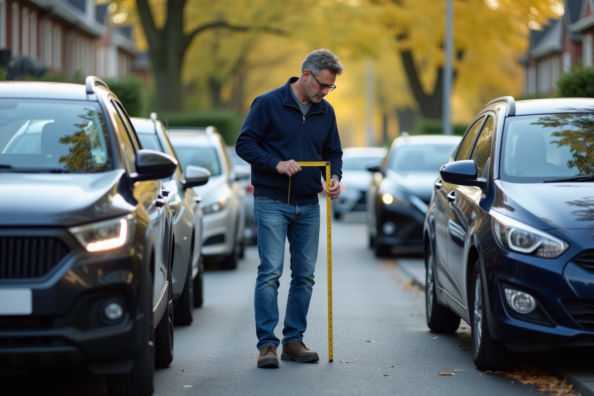 Homme mesurant l'écart entre deux voitures dans une rue résidentielle