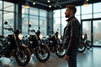 Jeune homme examine motos dans un showroom moderne