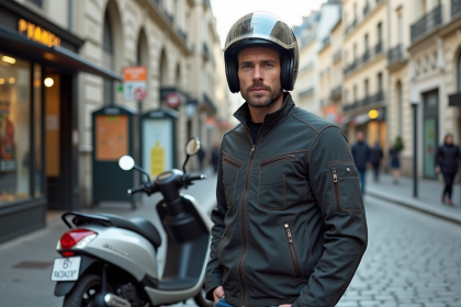 Homme français avec veste moto et casque près d'un scooter à Paris