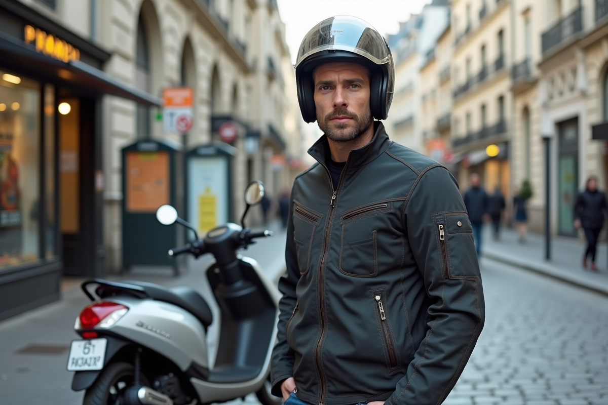 Homme français avec veste moto et casque près d'un scooter à Paris