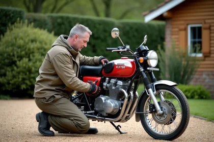 Homme en vêtements outdoor près d'une moto vintage Honda XLV750R