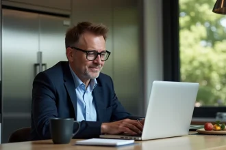 Homme d'âge moyen utilisant son ordinateur dans une cuisine moderne