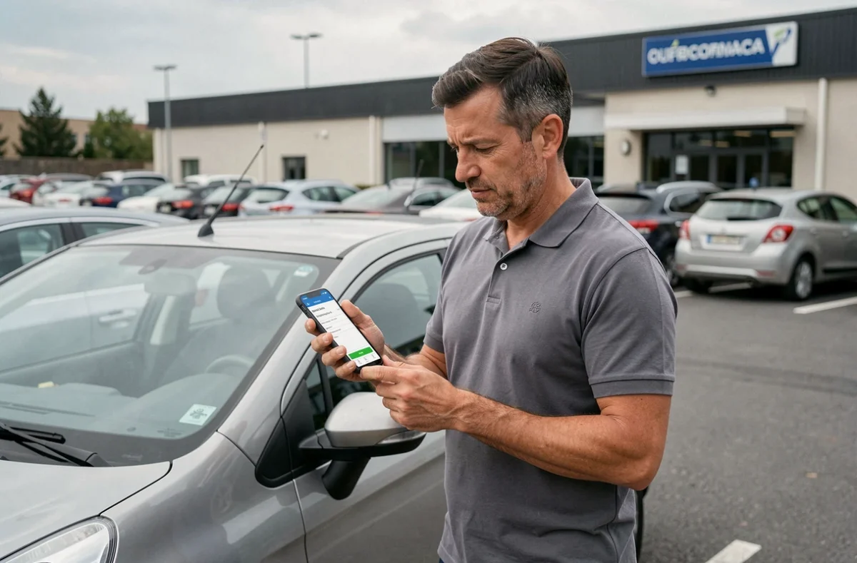 Homme debout à côté de sa voiture dans un parking consultant une offre d'assurance auto sur son smartphone