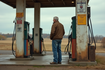 Homme d'âge moyen près d'une pompe diesel ancienne à la station