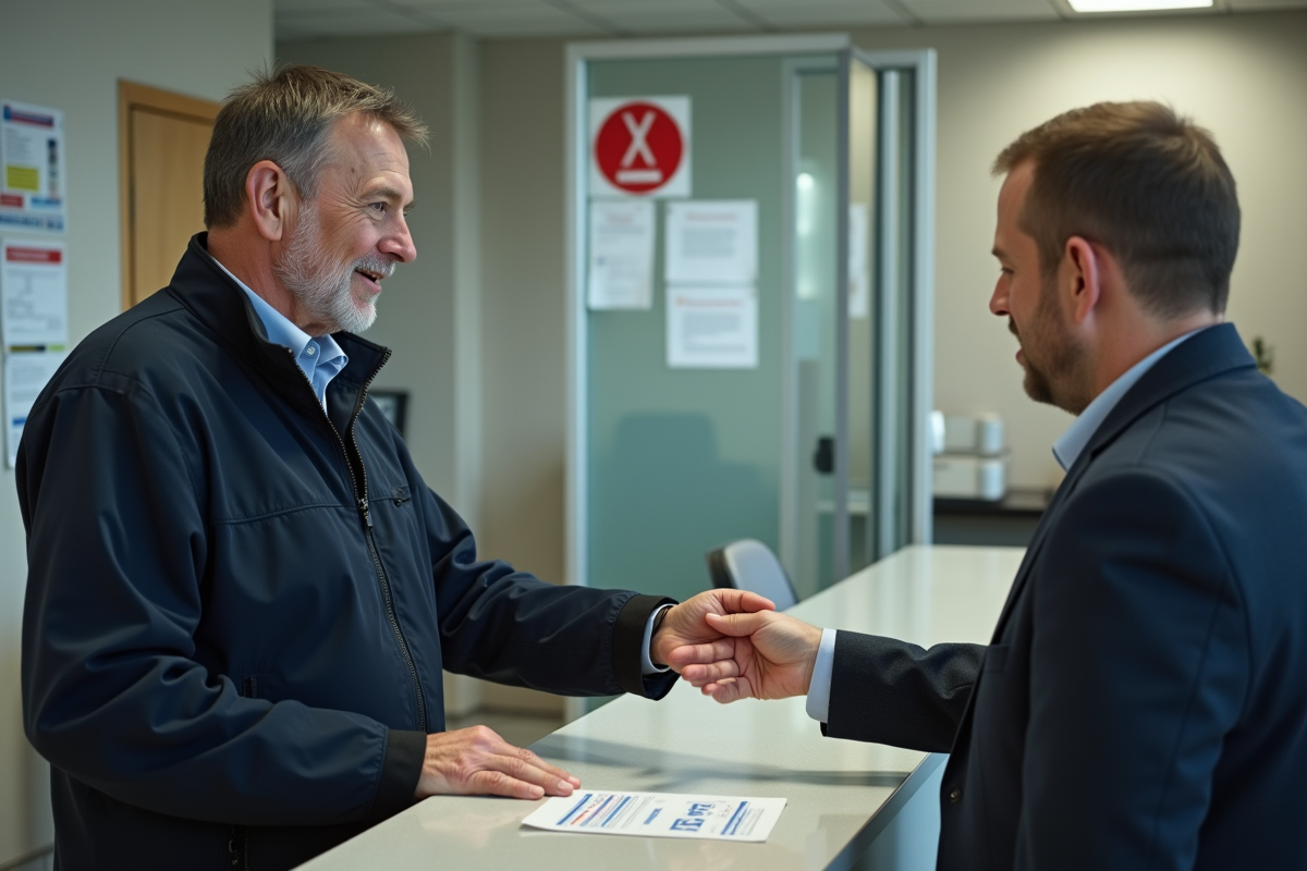 Homme montrant son permis de conduire à un agent en mairie