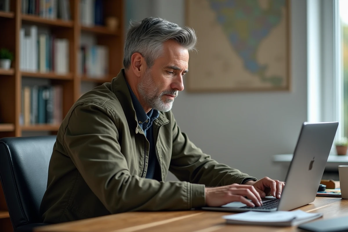 Homme consultant un site de suivi de plaques d'immatriculation sur un ordinateur portable dans un bureau à domicile