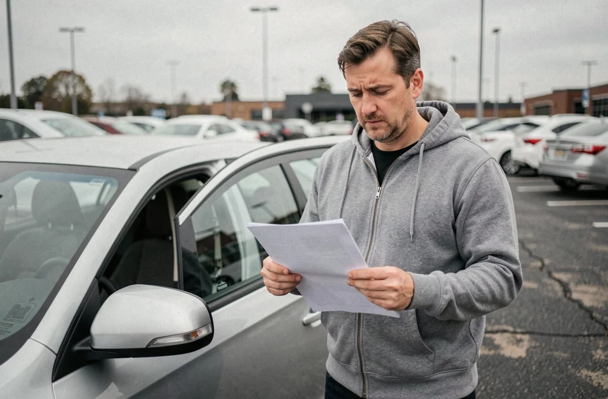 Un homme consulte son relevé d'information d'assurance auto près de son véhicule dans un parking