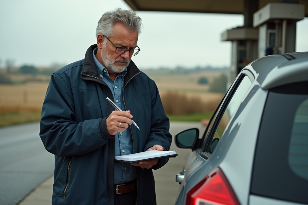 Homme vérifiant le compteur à la station essence rurale