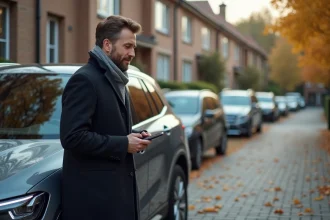 Homme regardant le tableau de bord d'un SUV en automne