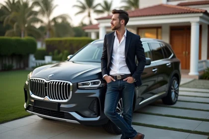 Homme confiant pr&egrave;s d&rsquo;un SUV devant maison moderne