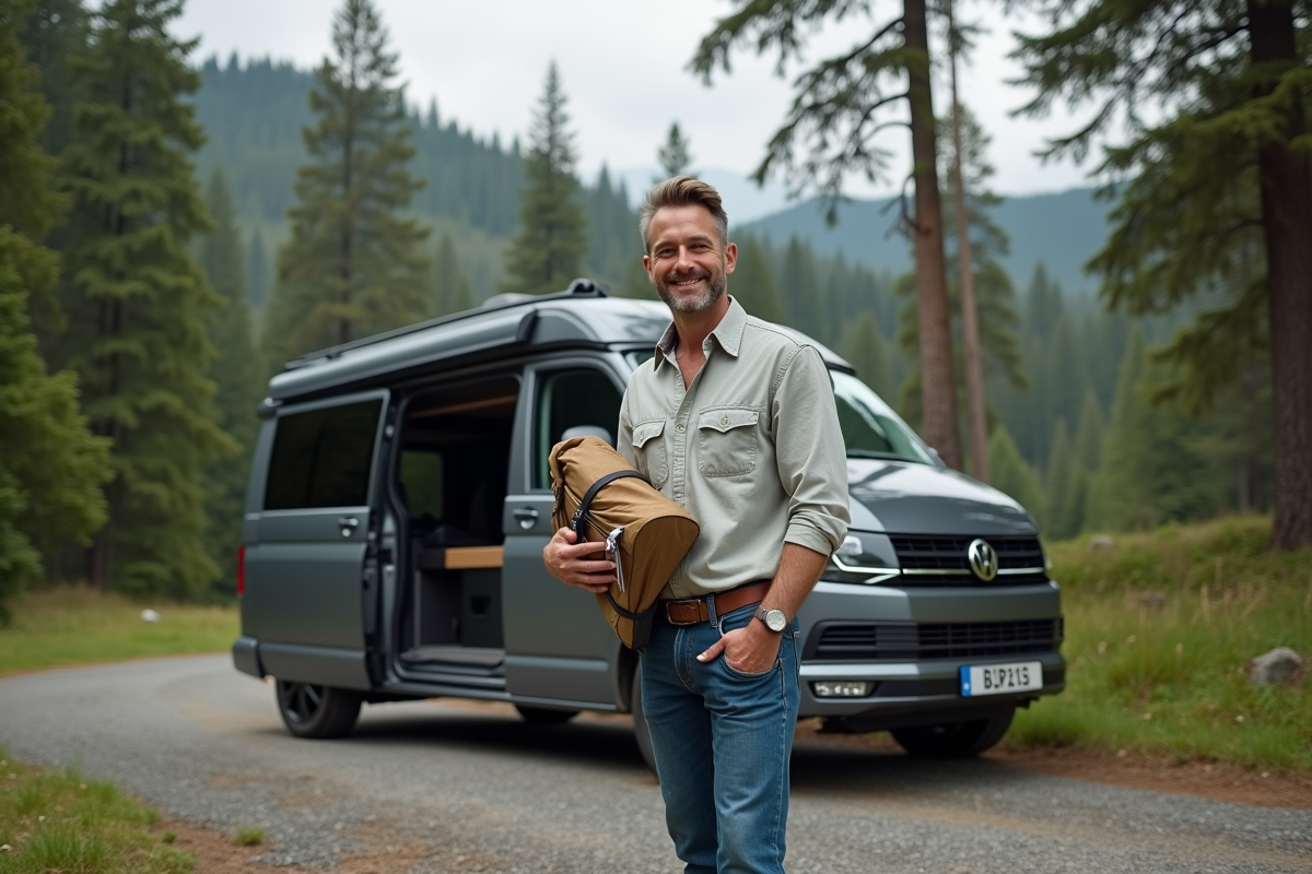 Homme souriant près d'un van aménagé en forêt