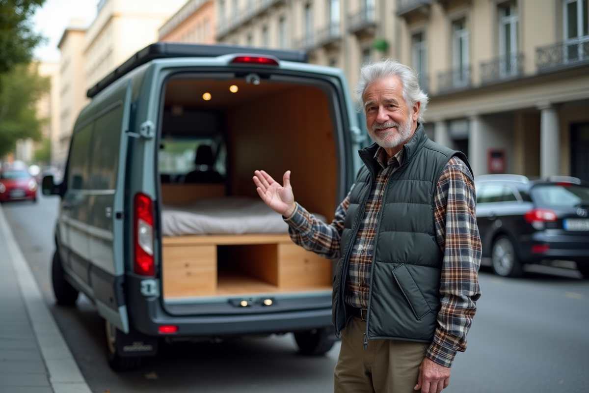 Homme âgé montrant van aménagé en ville