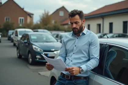 Homme vérifiant une carte grise à côté d'une voiture d'occasion