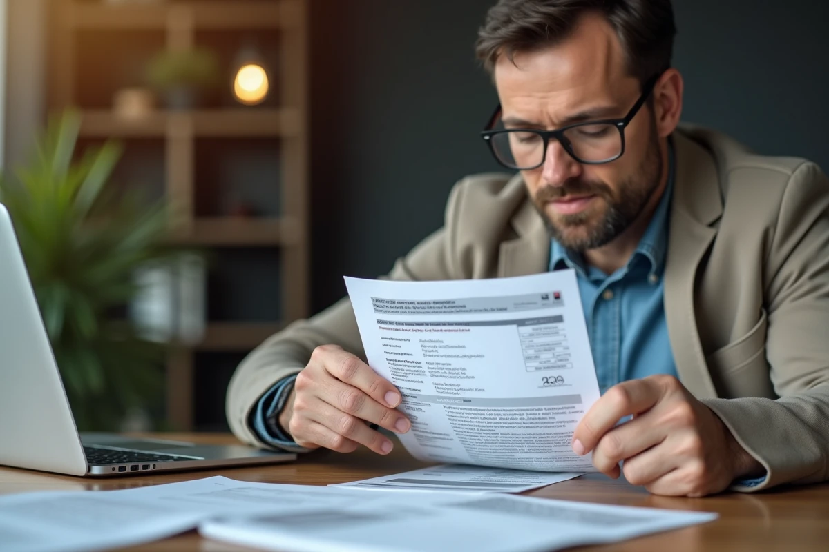 Homme vérifiant sa carte grise dans un bureau organisé