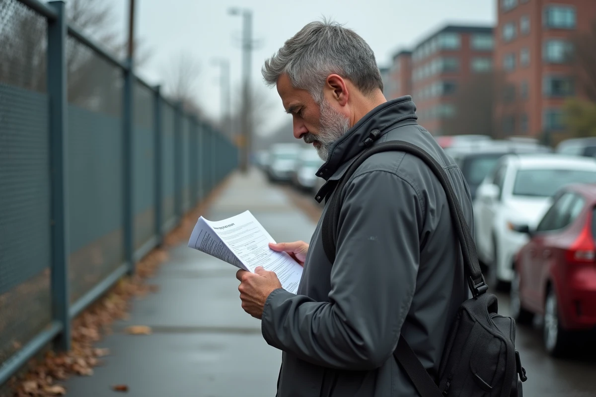 Homme vérifiant documents de contravention en ville