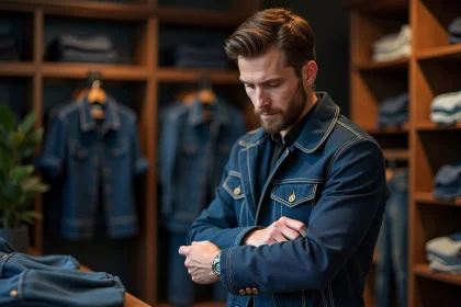 Homme en denim et chinos dans une boutique haut de gamme