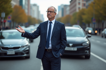 Homme d'affaires devant voitures endommagées en ville