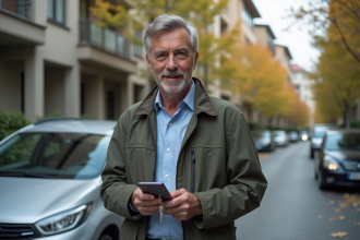 Homme d'âge moyen avec clés et smartphone à côté d'une voiture