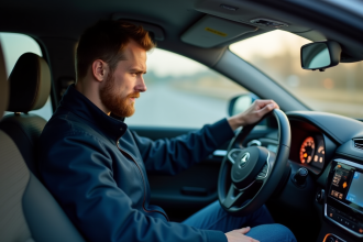 Homme regardant le tableau de bord d'une voiture moderne