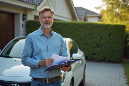 Homme d'âge moyen avec dossier devant sa voiture dans une allée résidentielle