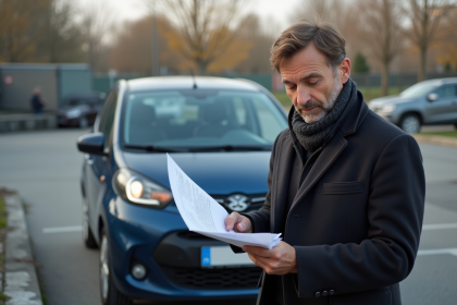 Homme d'âge moyen près d'une voiture compacte en ville