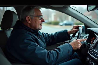 Homme d'âge moyen dans une voiture moderne contrôle l'éclairage