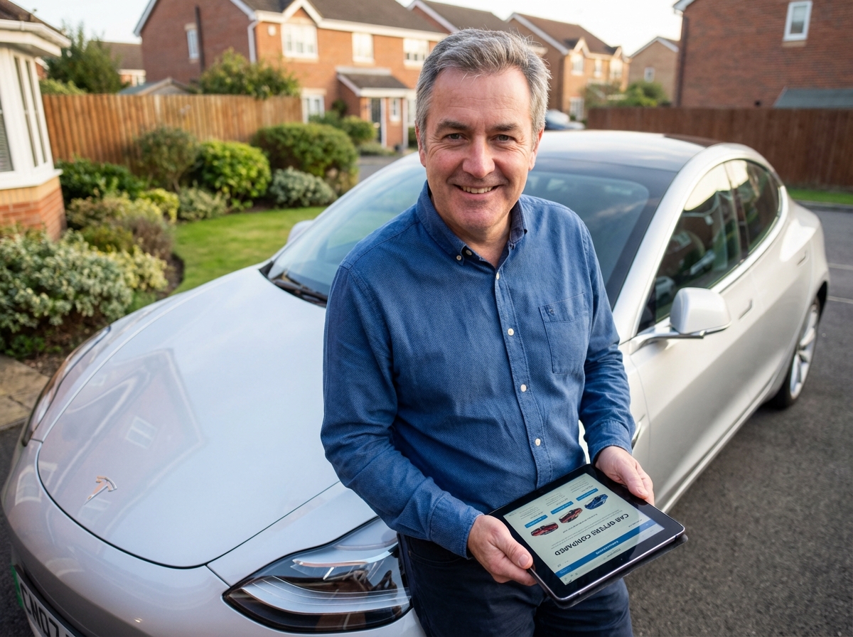 Homme souriant inspectant une voiture dans son jardin avec une tablette