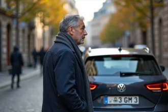 Homme regardant une plaque d'immatriculation européenne