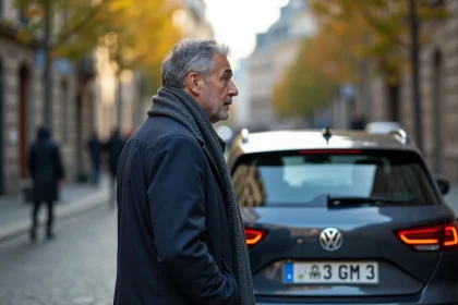Homme regardant une plaque d'immatriculation europ&eacute;enne