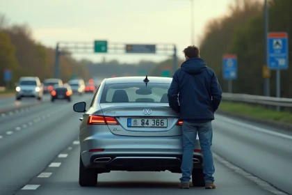 Homme examinant la plaque d'immatriculation L d'une voiture