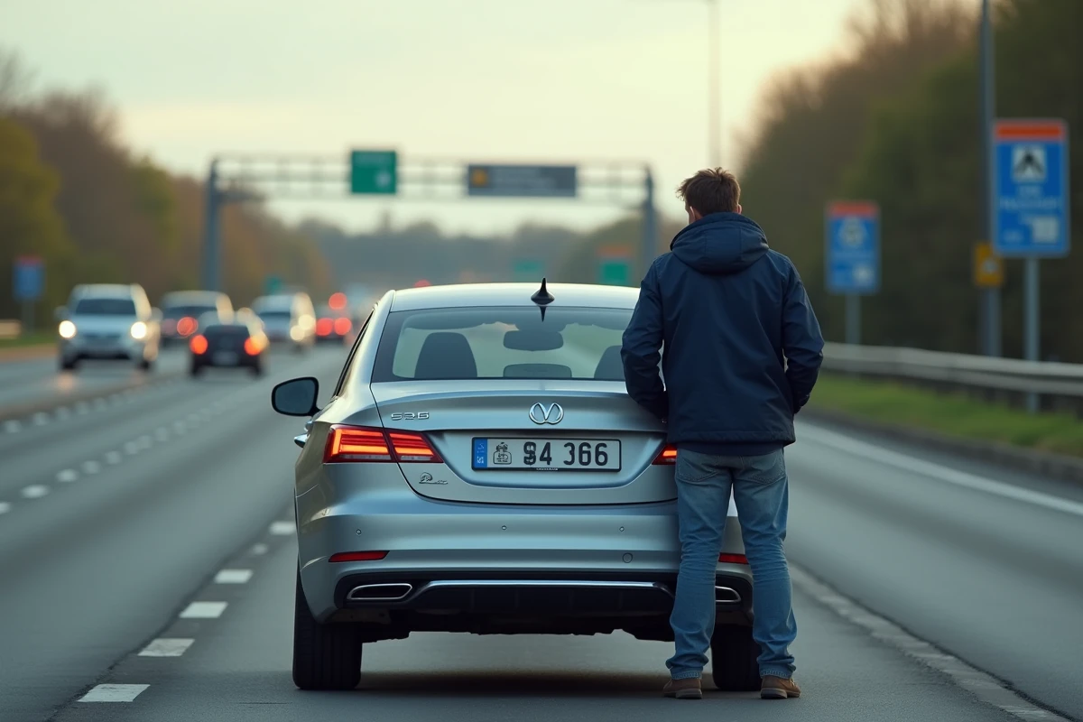 Homme examinant la plaque d'immatriculation L d'une voiture