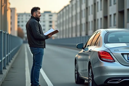 Homme d'affaires inspectant documents pr&egrave;s d'une voiture en ville
