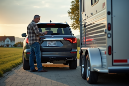 Homme vérifiant la barre de remorque d’un SUV moderne