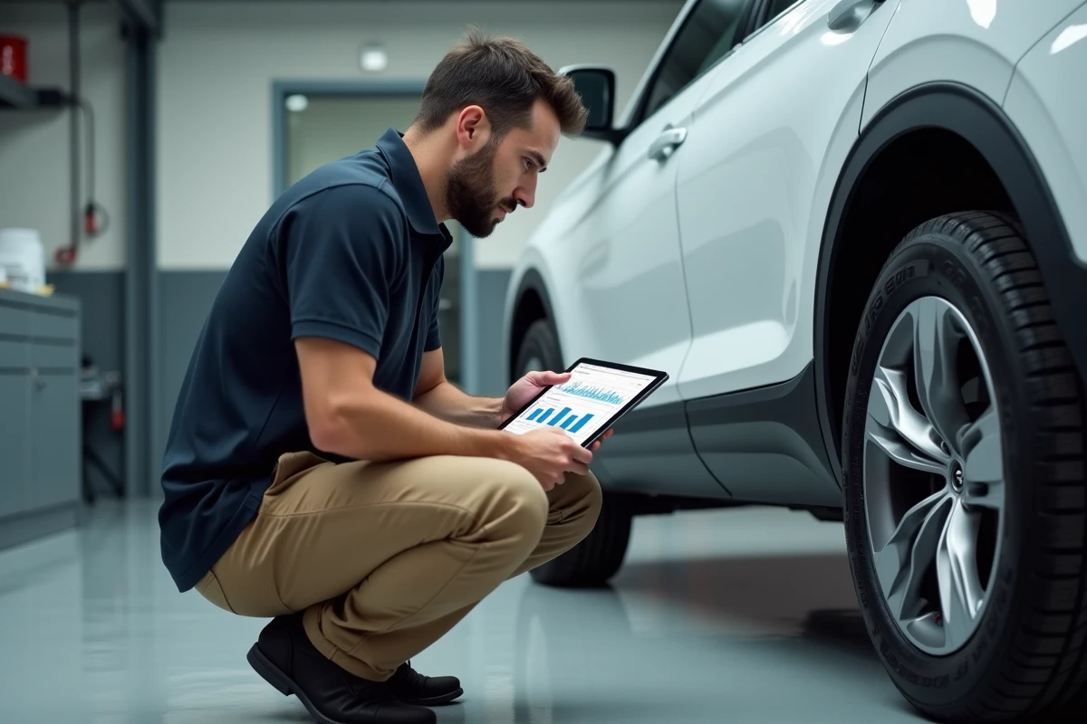 Ingénieur automobile analysant les données de consommation et de performances d'un SUV familial dans un atelier professionnel