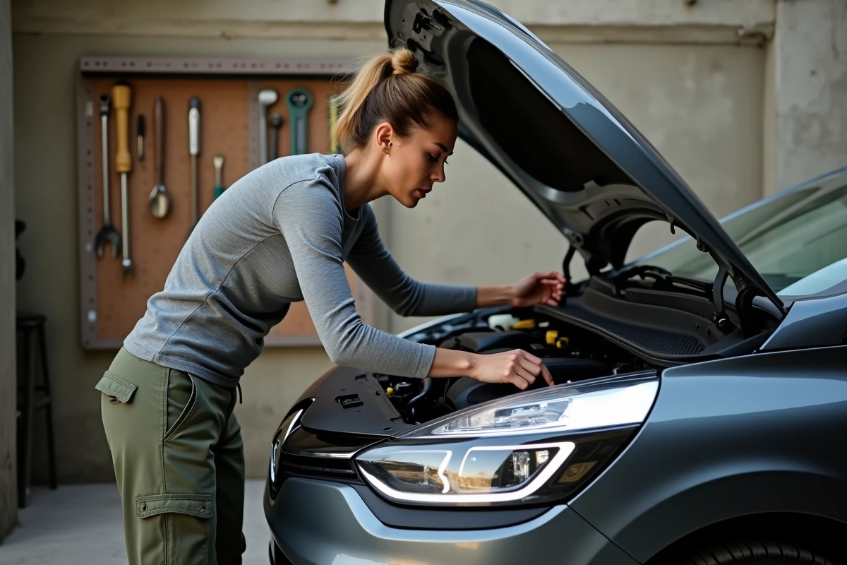 Femme inspectant le compartiment moteur d'une Renault Clio 5 dans un garage domestique