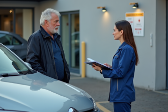 Homme et technicienne auto discutent devant une voiture